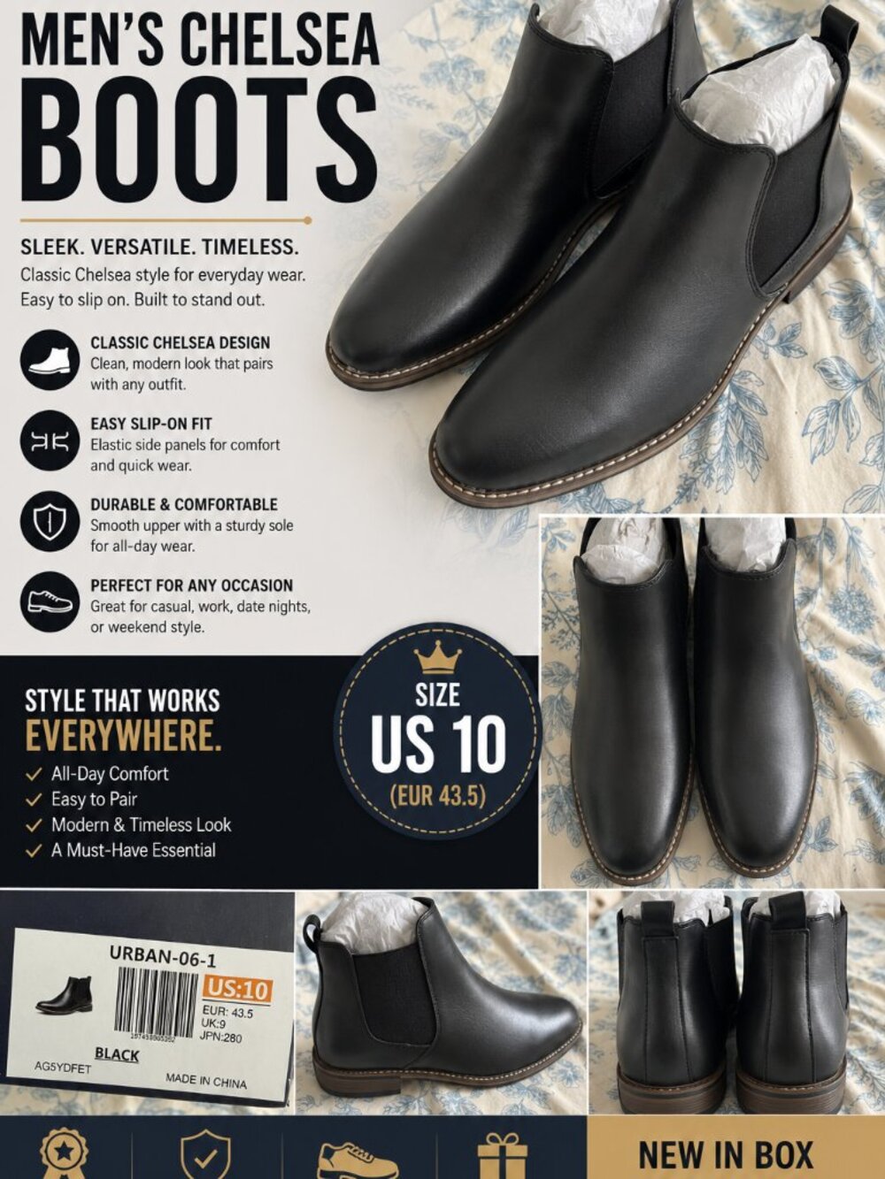 NWT Bruno Marc Chelsea Boots Men’s Size 10 Black Urban-06-1 Dress Casual Boots